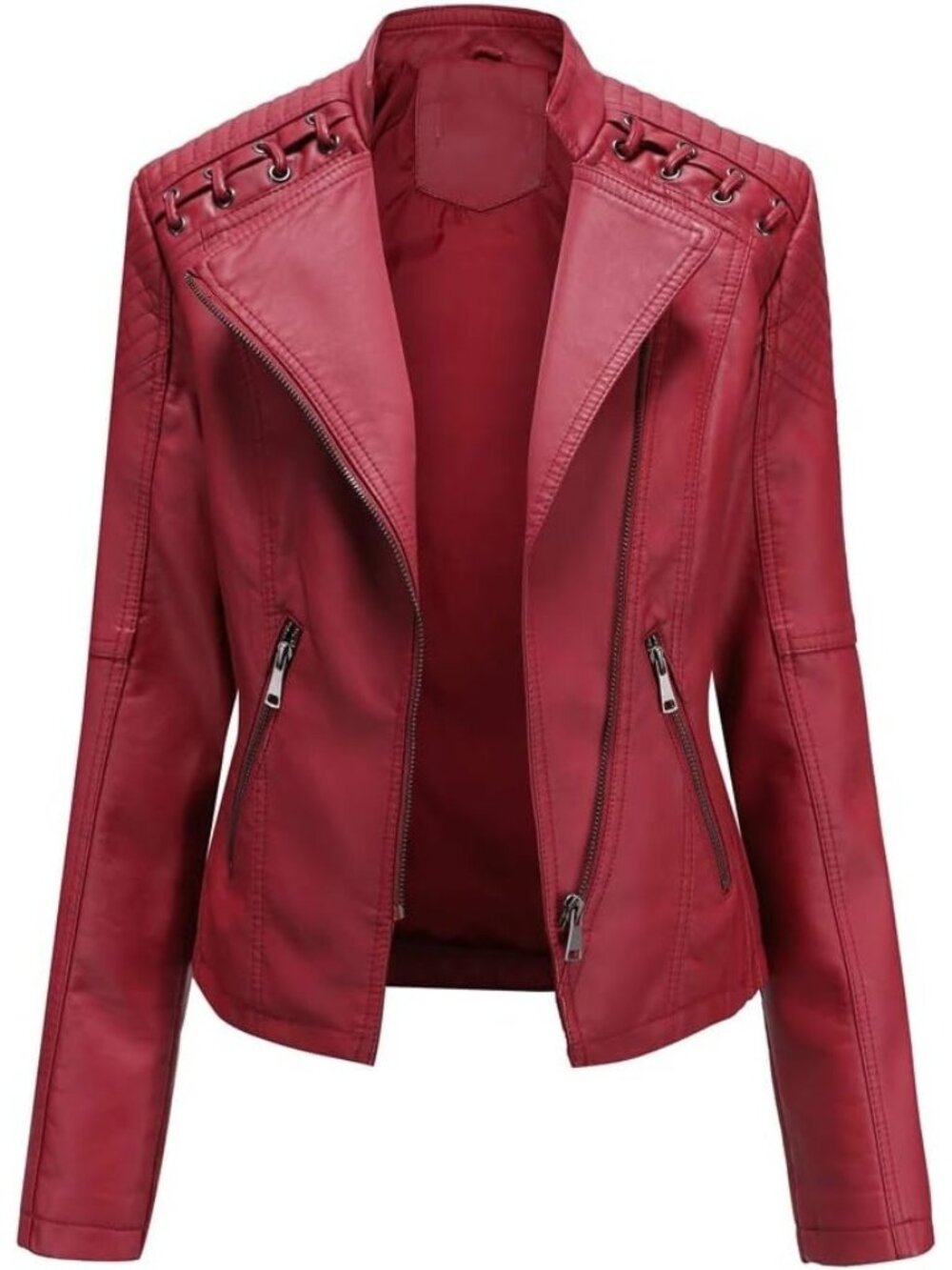 Women's Red Faux Leather Jacket Women Bomber Jacket Belted Motorcycle Jackets